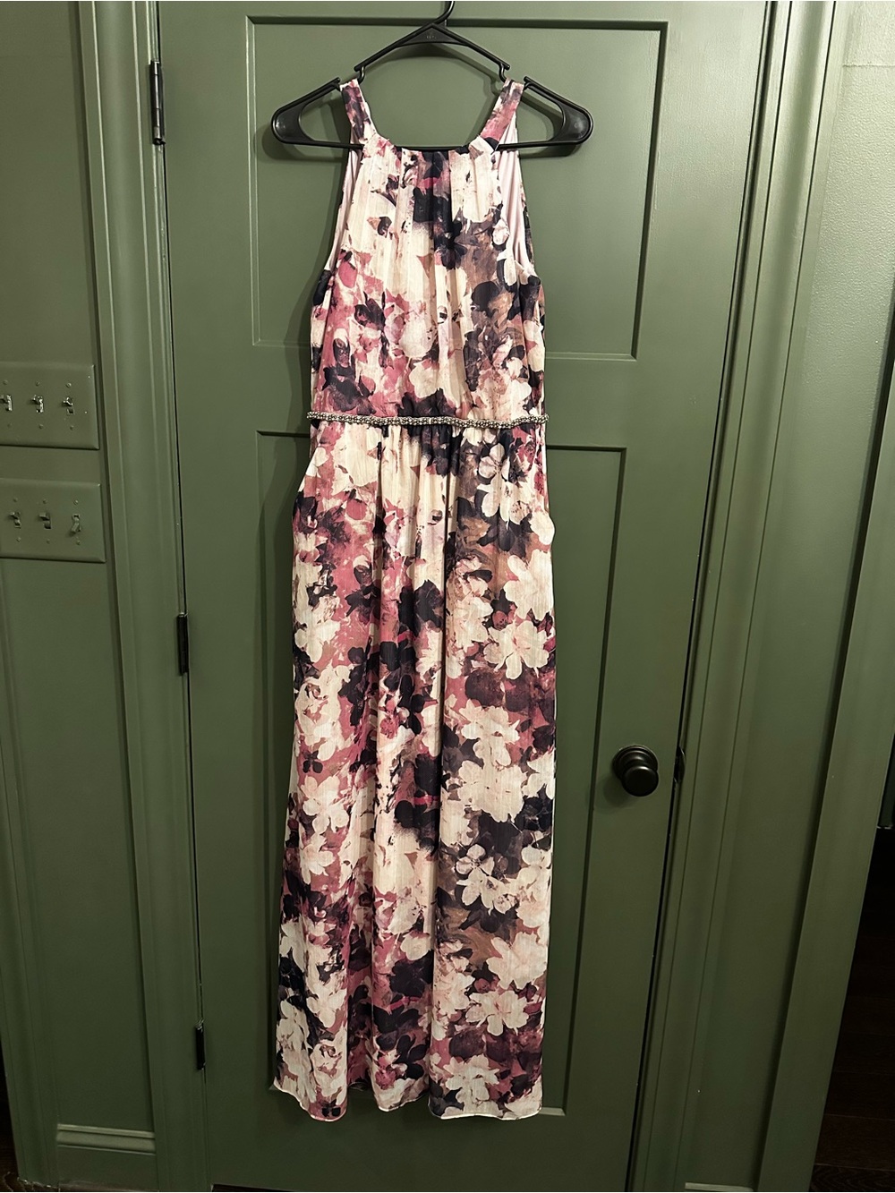 SLNY Floral Halter Maxi Jumpsuit in Blush, Plum & Cream